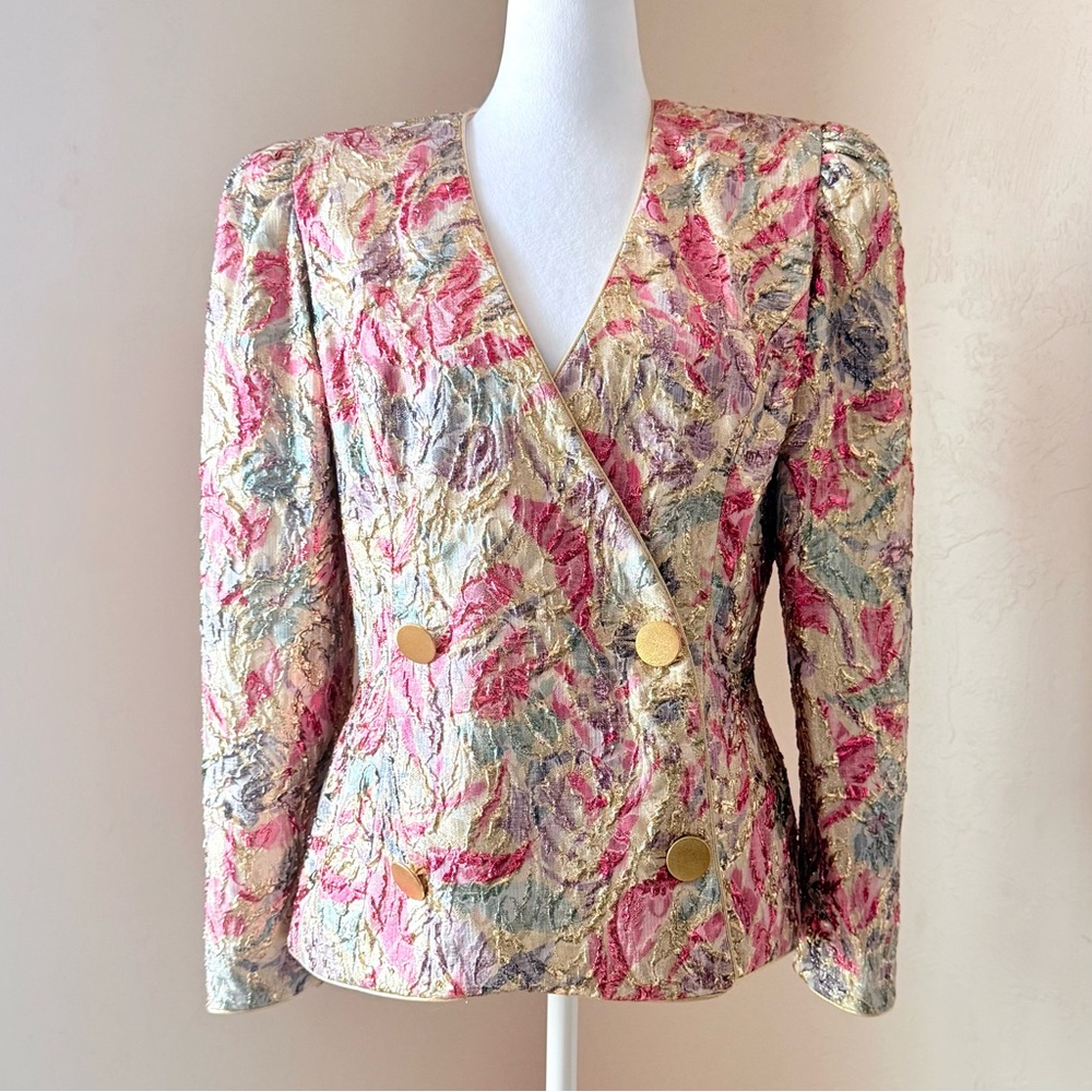 Vintage Karen Lawrence by Matthew Double Breasted Pink Gold Metallic Blazer 10